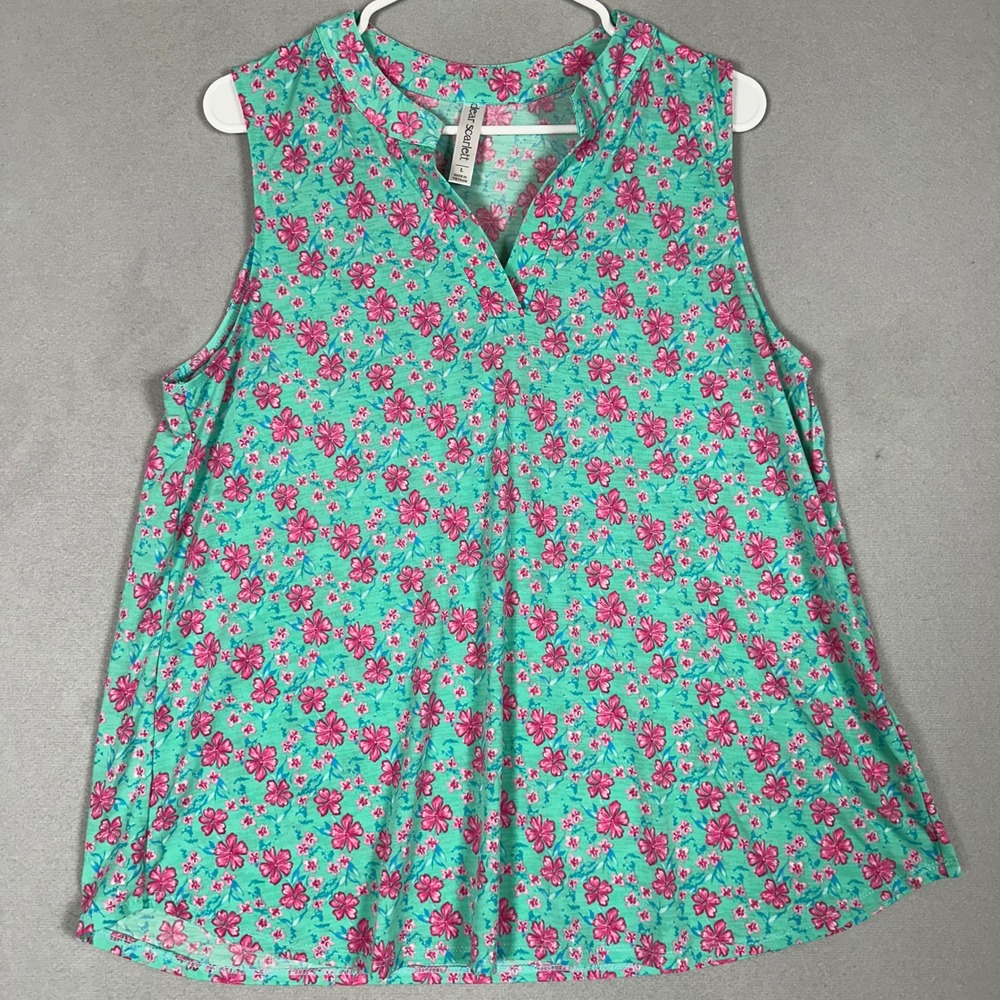Dear Scarlett Top Womens Large LIZT-C0055 Teal Pink Floral Sleeveless Casual EUC